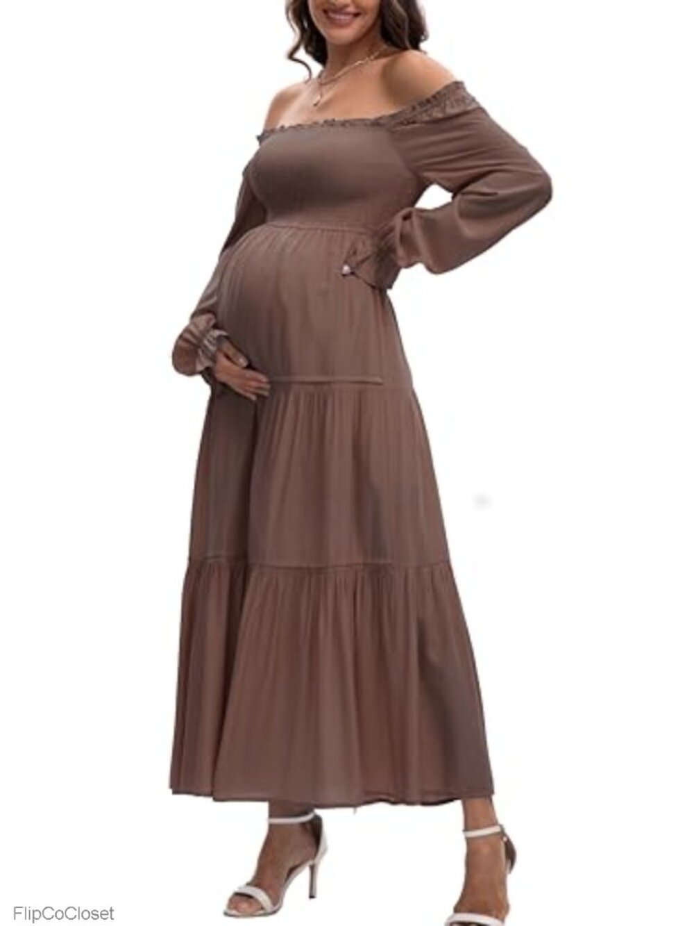 Flowy Tiered Maternity Maxi Dress Puff Sleeve Two-Way Neckline Photoshoot Baby